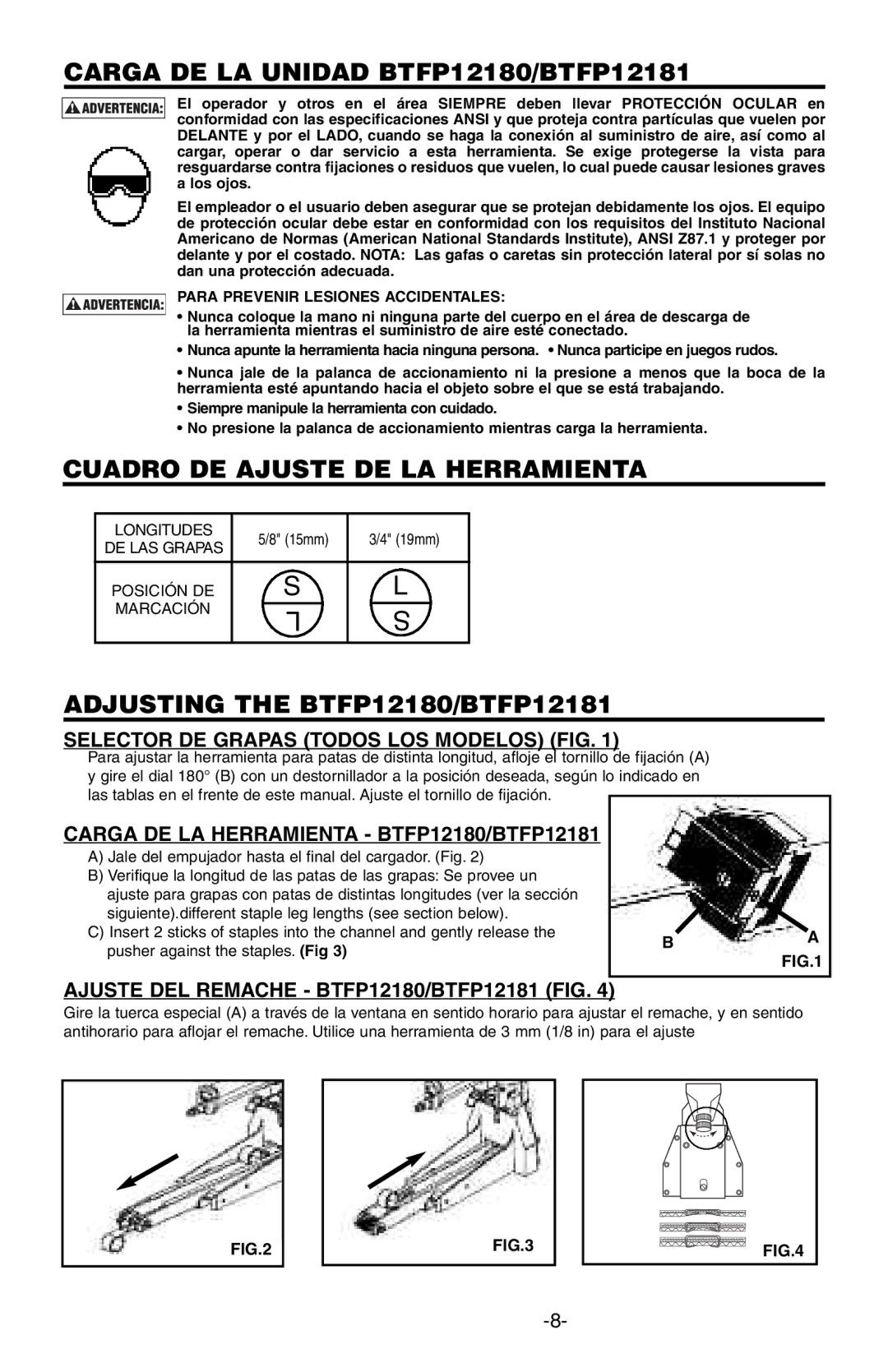 Bostitch manual Carga DE LA Unidad BTFP12180/BTFP12181, Cuadro DE Ajuste DE LA Herramienta 