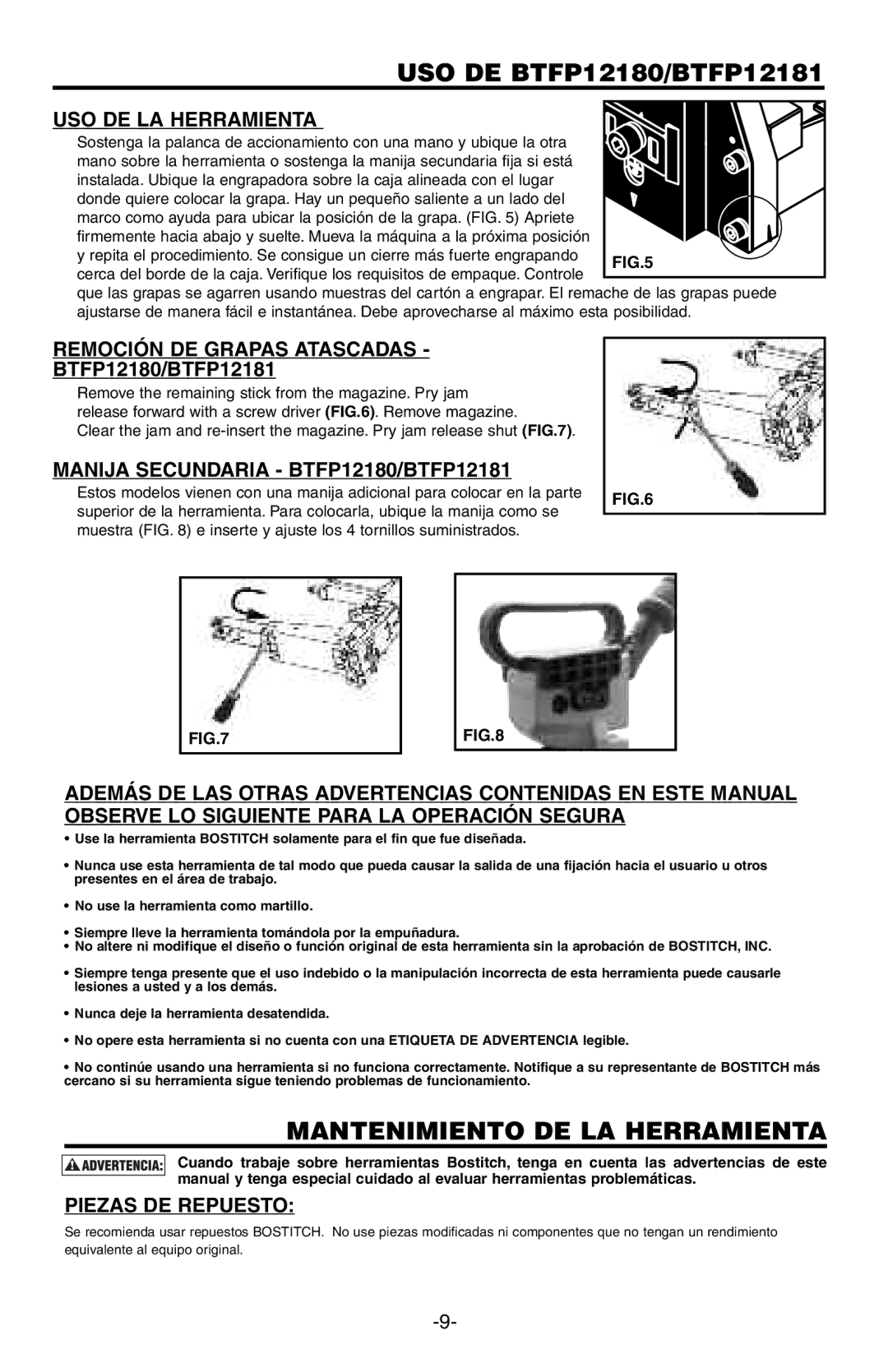 Bostitch manual USO DE BTFP12180/BTFP12181, USO DE LA Herramienta, Remoción DE Grapas Atascadas, Piezas DE Repuesto 