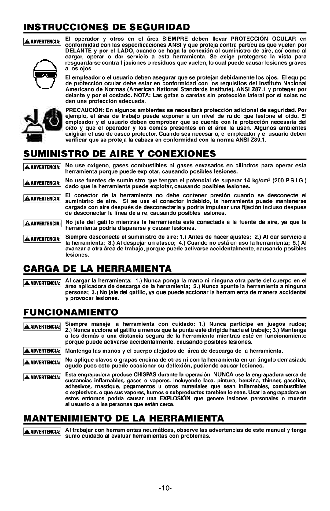 Bostitch BTFP12182 Instrucciones DE Seguridad, Suministro DE Aire Y Conexiones, Carga DE LA Herramienta, Funcionamiento 