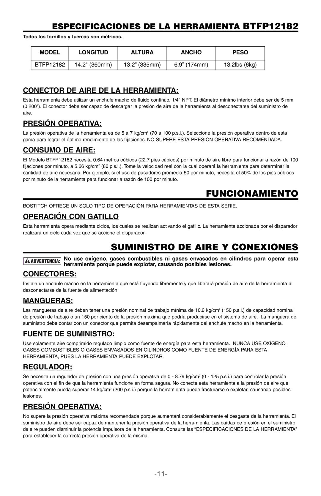 Bostitch BTFP12182 manual Conector DE Aire DE LA Herramienta, Presión Operativa, Consumo DE Aire, Operación CON Gatillo 