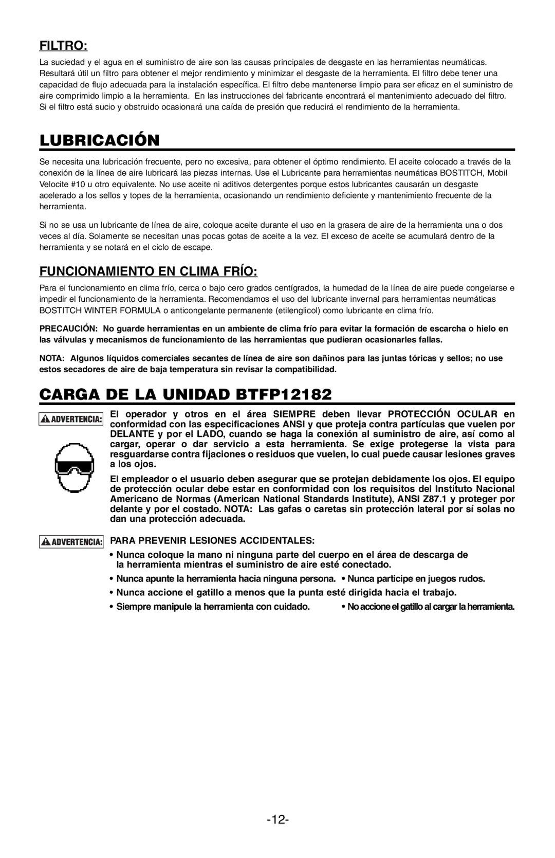 Bostitch manual Lubricación, Carga DE LA Unidad BTFP12182, Filtro, Funcionamiento EN Clima Frío 