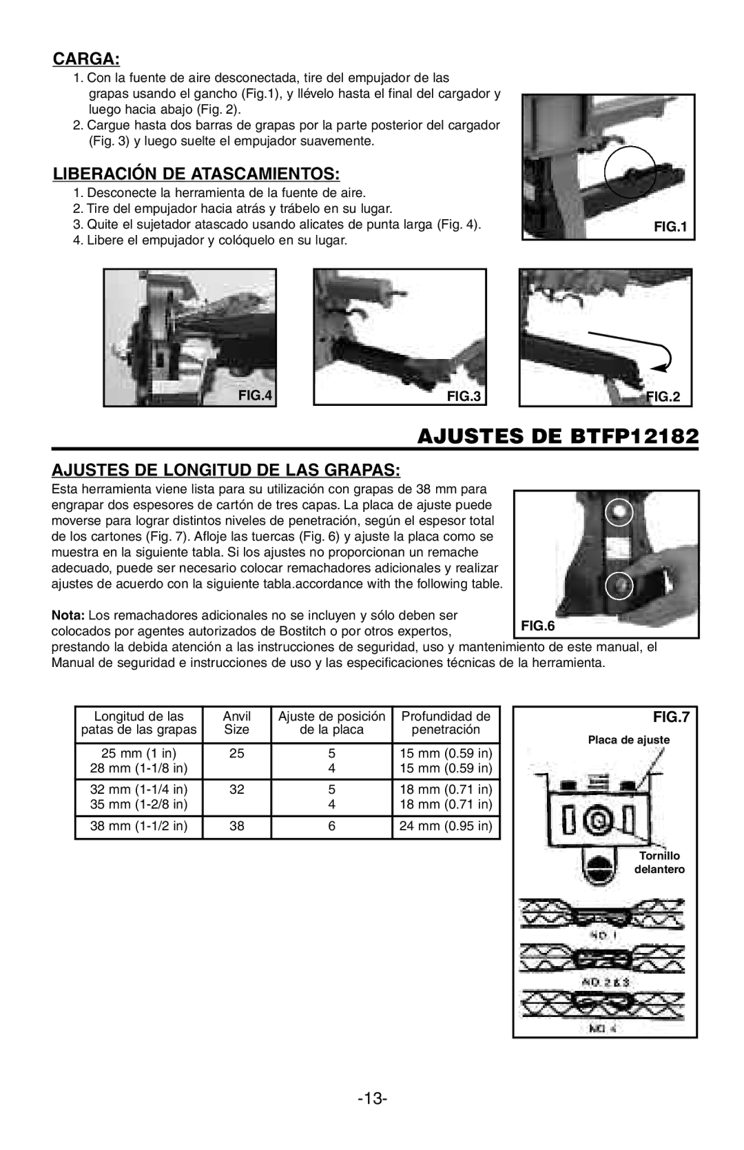 Bostitch manual Ajustes DE BTFP12182, Carga, Liberación DE Atascamientos, Ajustes DE Longitud DE LAS Grapas 