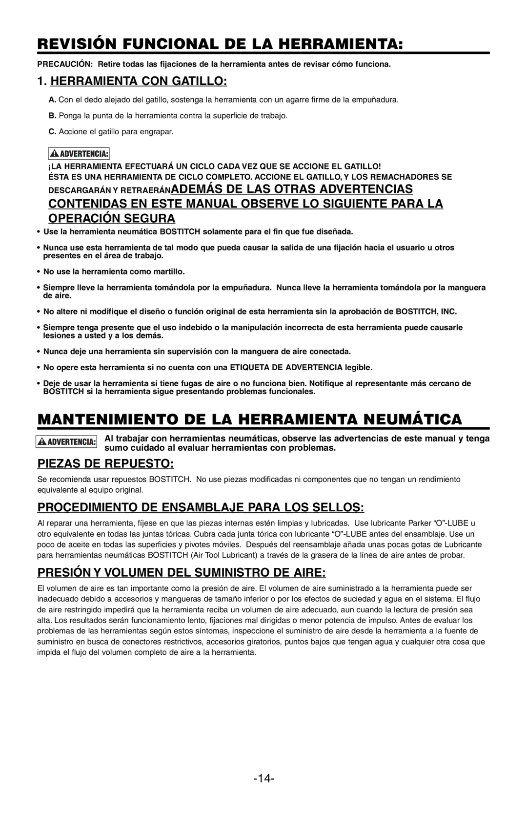 Bostitch BTFP12182 manual Revisión Funcional DE LA Herramienta, Mantenimiento DE LA Herramienta Neumática 