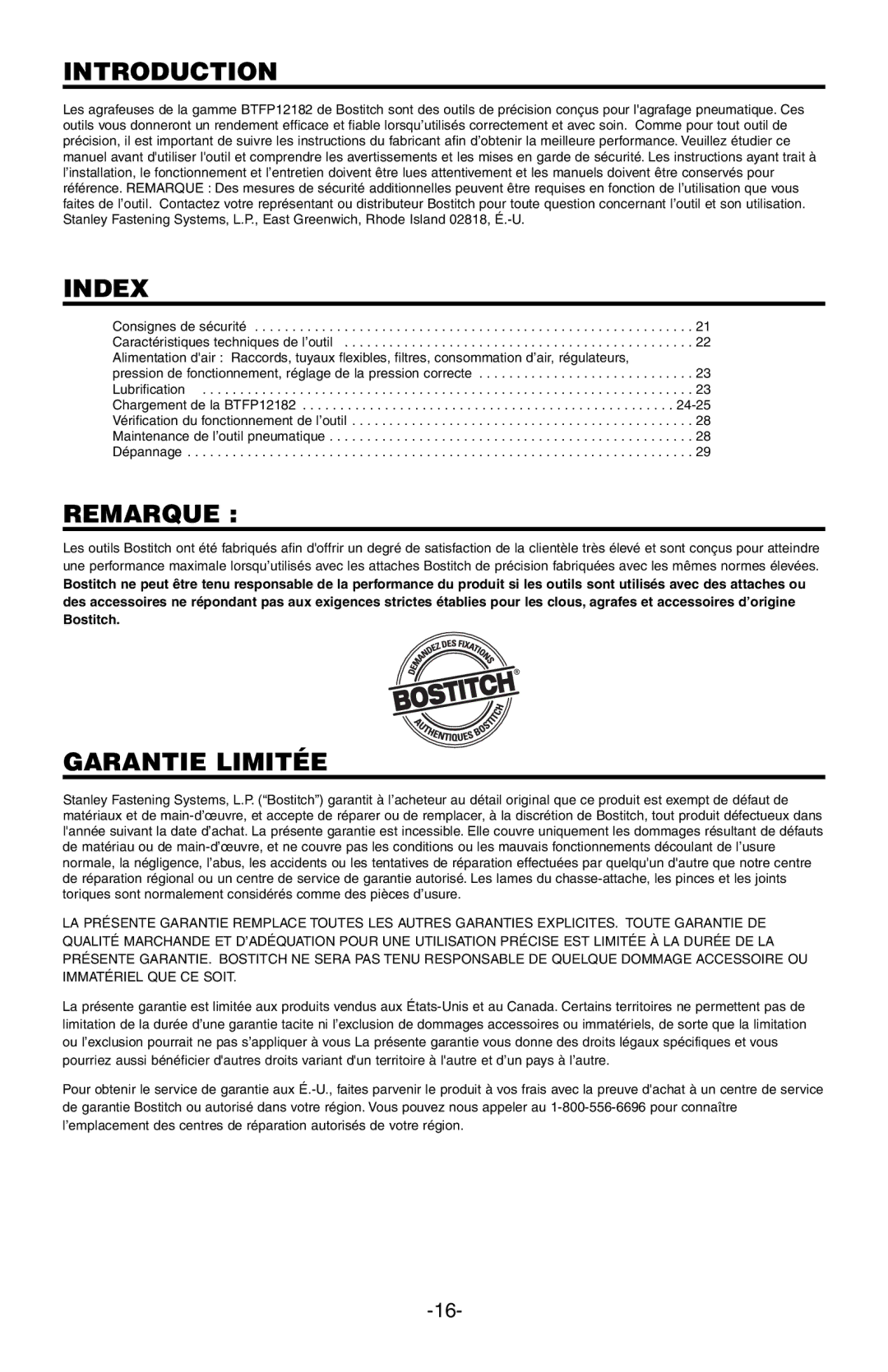 Bostitch BTFP12182 manual Remarque, Garantie Limitée 