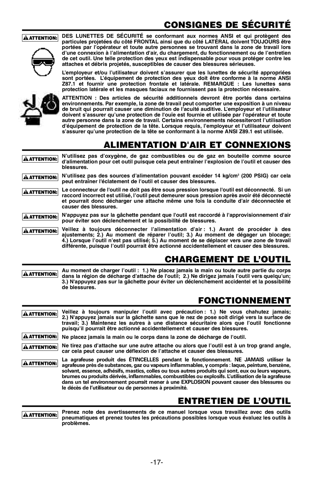 Bostitch BTFP12182 manual Consignes DE Sécurité, Alimentation Dair ET Connexions, Chargement DE L’OUTIL, Fonctionnement 