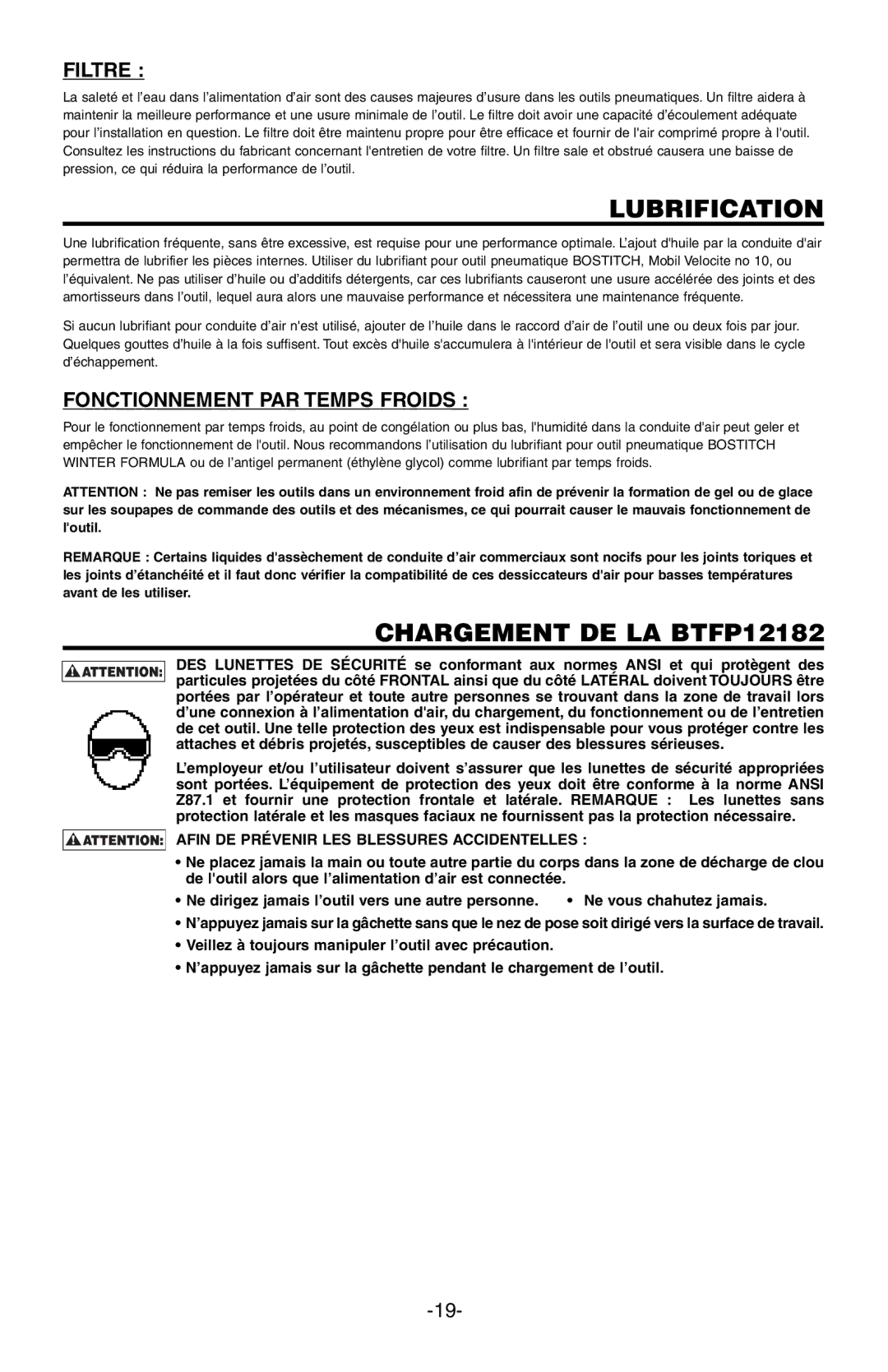 Bostitch manual Lubrification, Chargement DE LA BTFP12182, Filtre, Fonctionnement PAR Temps Froids 