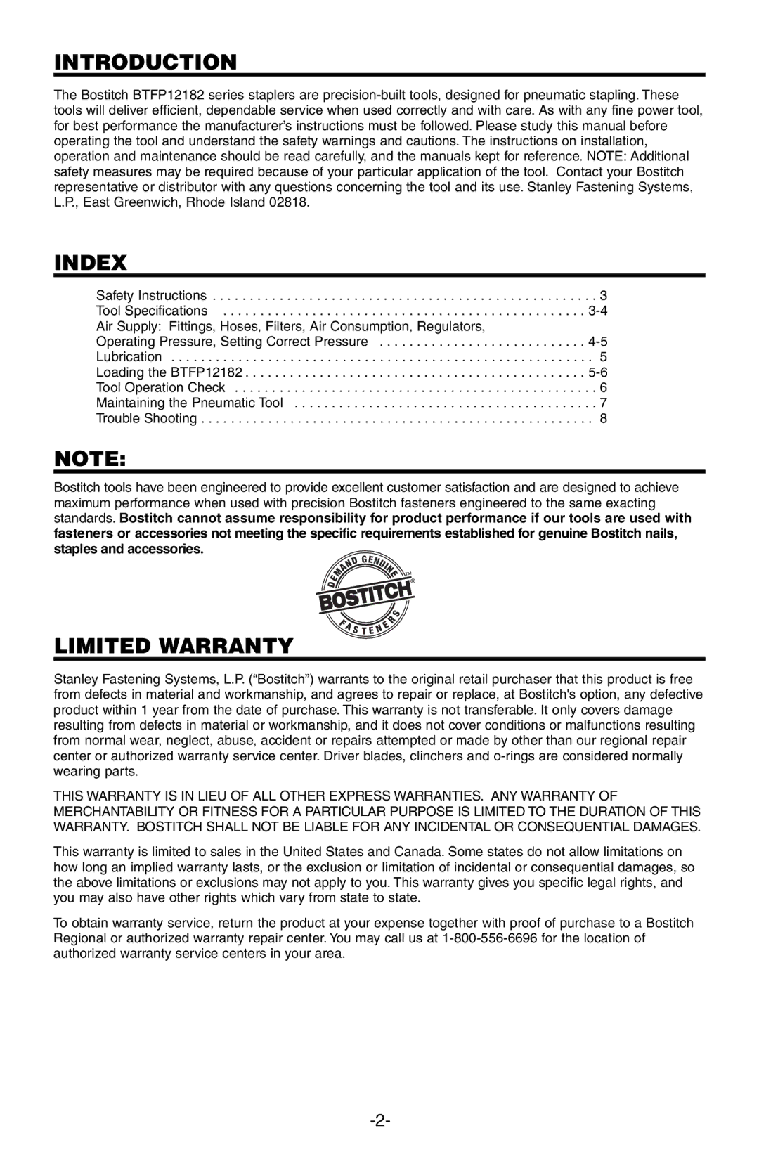 Bostitch BTFP12182 manual Introduction, Index, Limited Warranty 