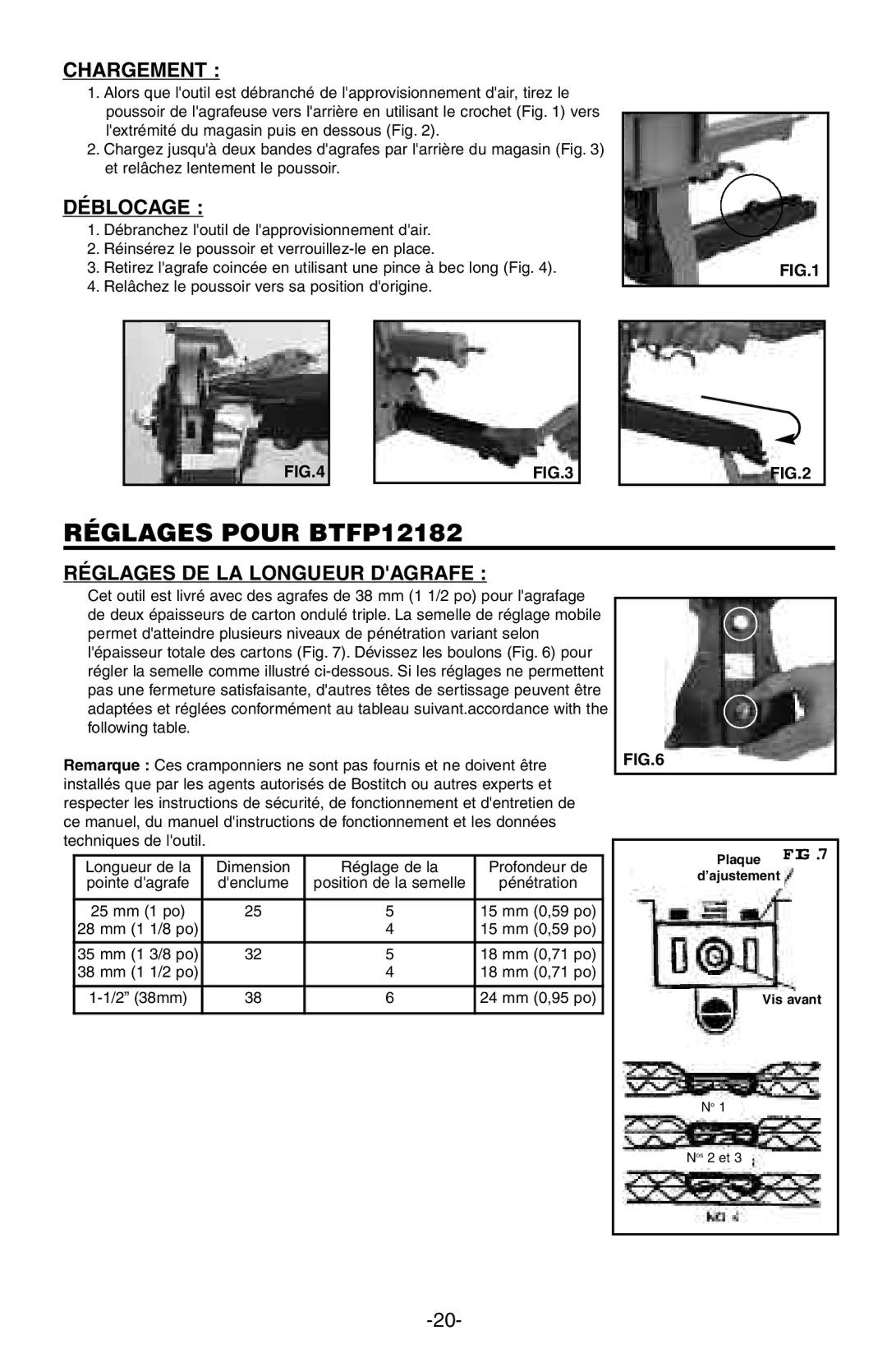 Bostitch manual Réglages Pour BTFP12182, Chargement, Déblocage, Réglages DE LA Longueur Dagrafe 