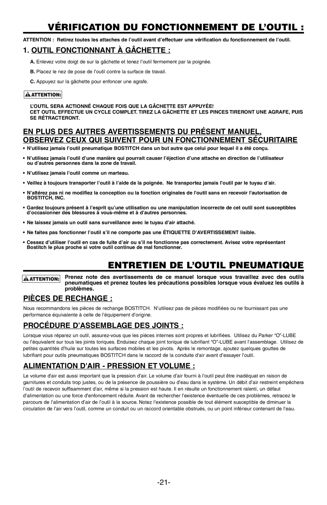 Bostitch BTFP12182 manual Vérification DU Fonctionnement DE L’OUTIL, Entretien DE L’OUTIL Pneumatique 