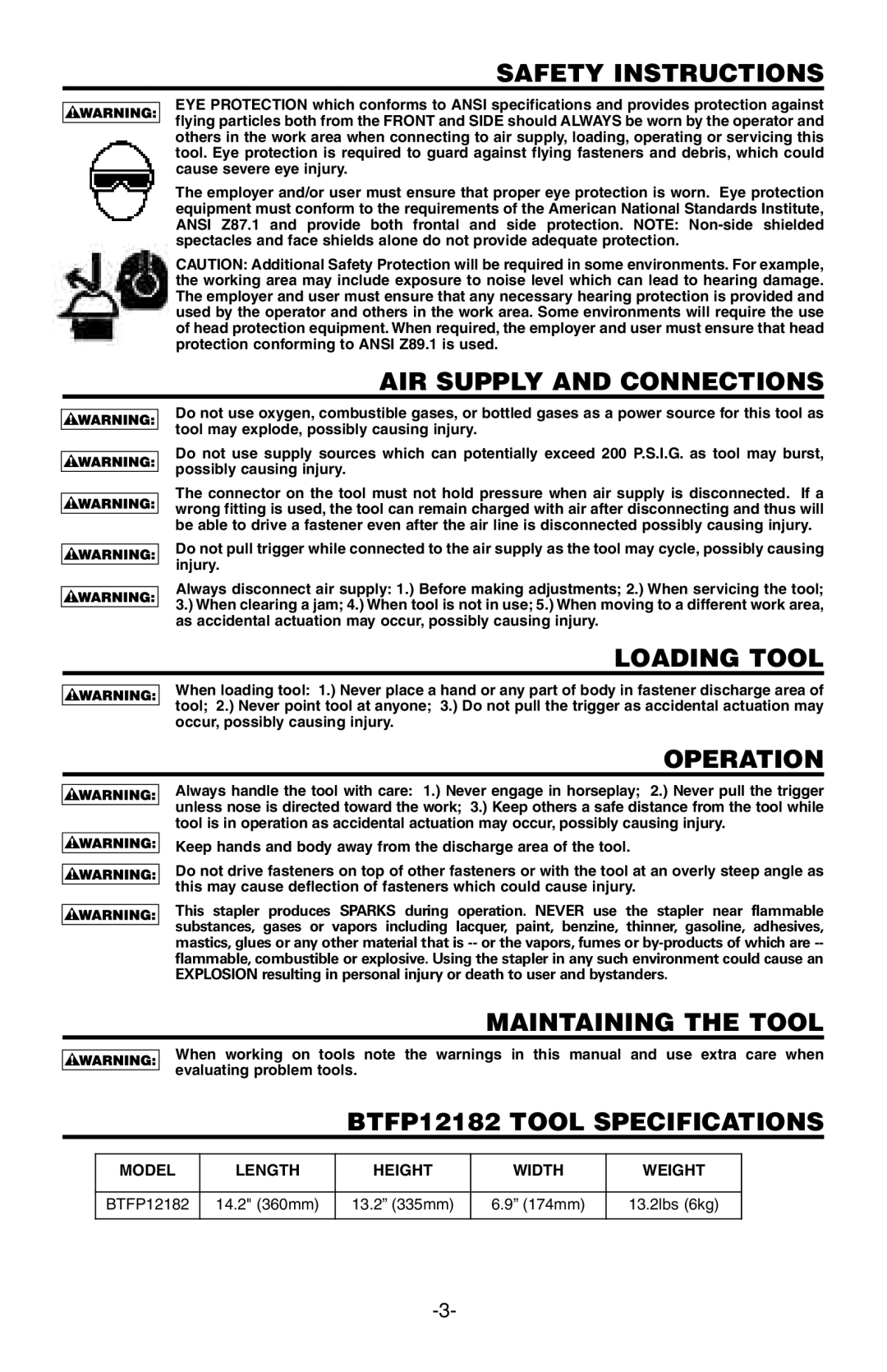 Bostitch BTFP12182 manual Safety Instructions, AIR Supply and Connections, Loading Tool, Operation, Maintaining the Tool 