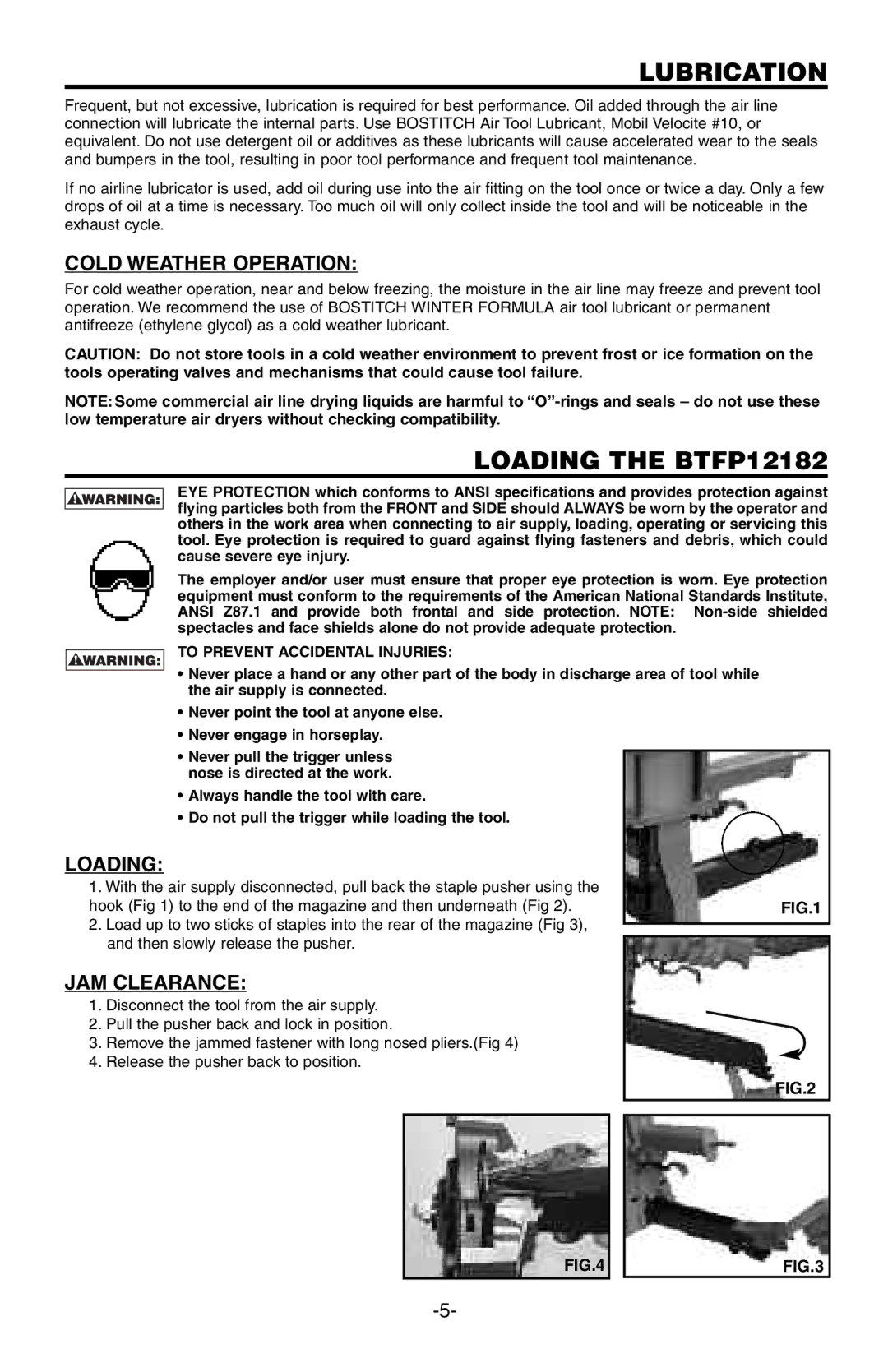 Bostitch manual Lubrication, Loading the BTFP12182, Cold Weather Operation, JAM Clearance 