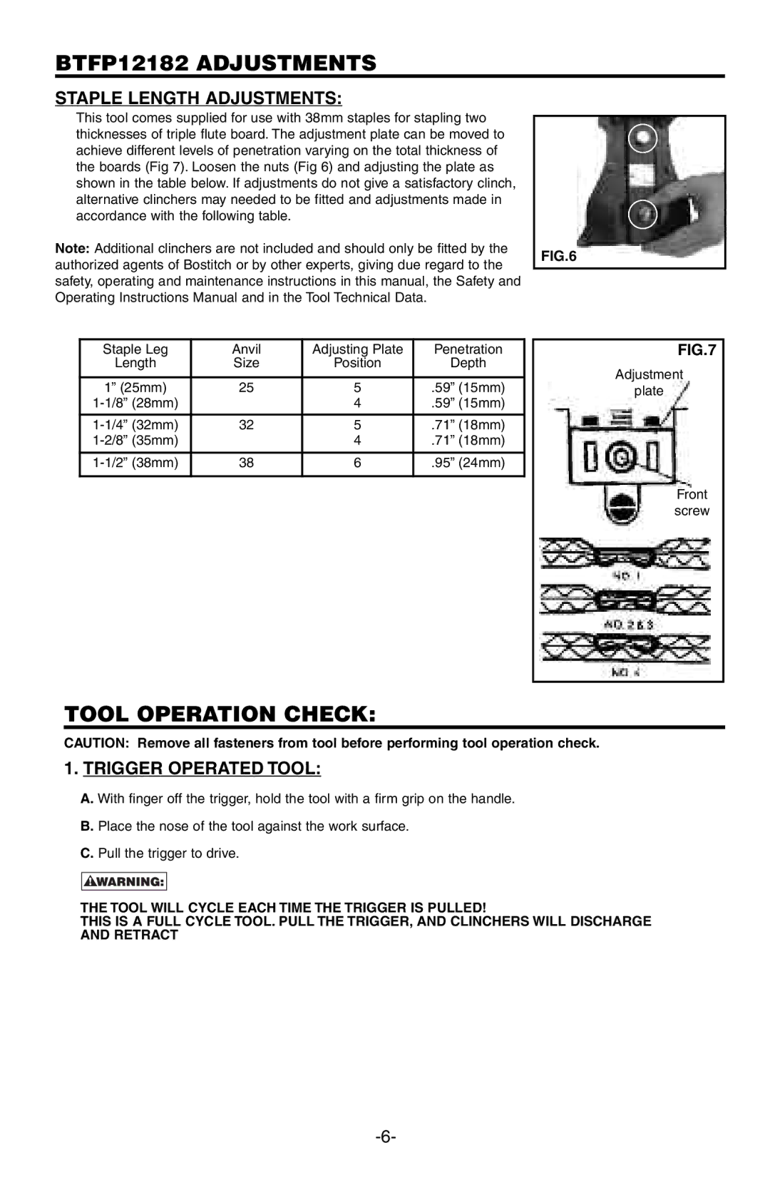 Bostitch manual BTFP12182 Adjustments, Tool Operation Check, Staple Length Adjustments, Trigger Operated Tool 