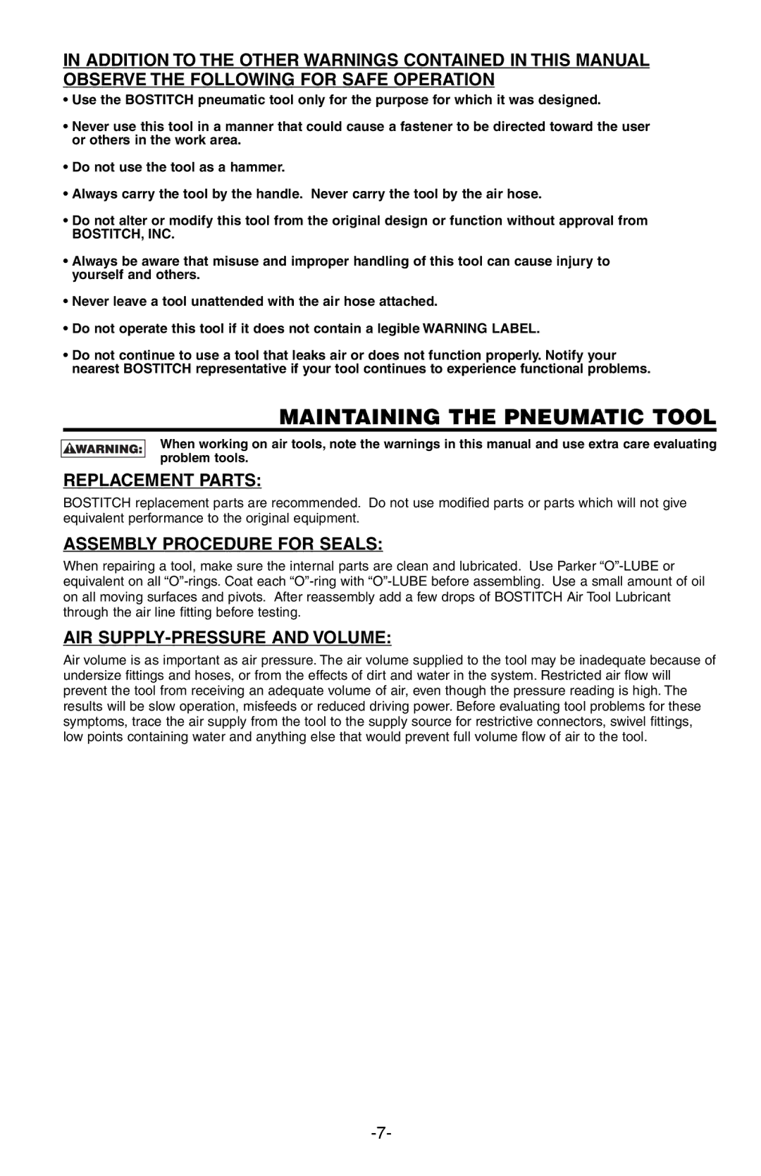 Bostitch BTFP12182 manual Maintaining the Pneumatic Tool, Replacement Parts, Assembly Procedure for Seals, Bostitch, Inc 