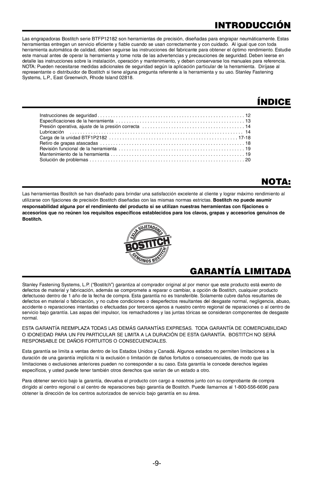 Bostitch BTFP12182 manual Introducción, Índice, Nota, Garantía Limitada 