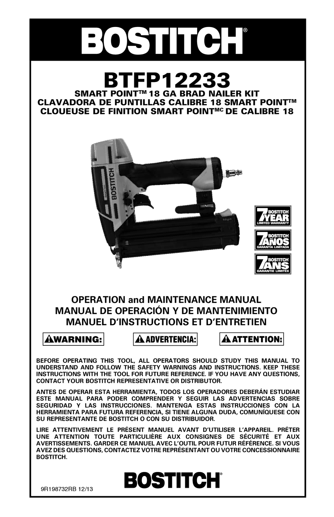 Bostitch BTFP12233 manual OPERATION and MAINTENANCE MANUAL 