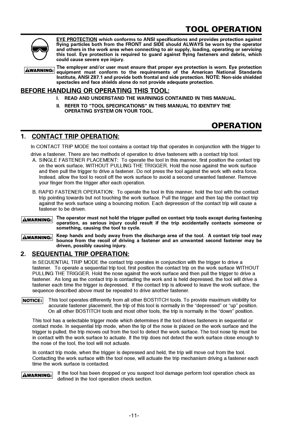 Bostitch BTFP12233 manual Tool Operation, Before Handling or Operating this Tool, Contact Trip Operation 