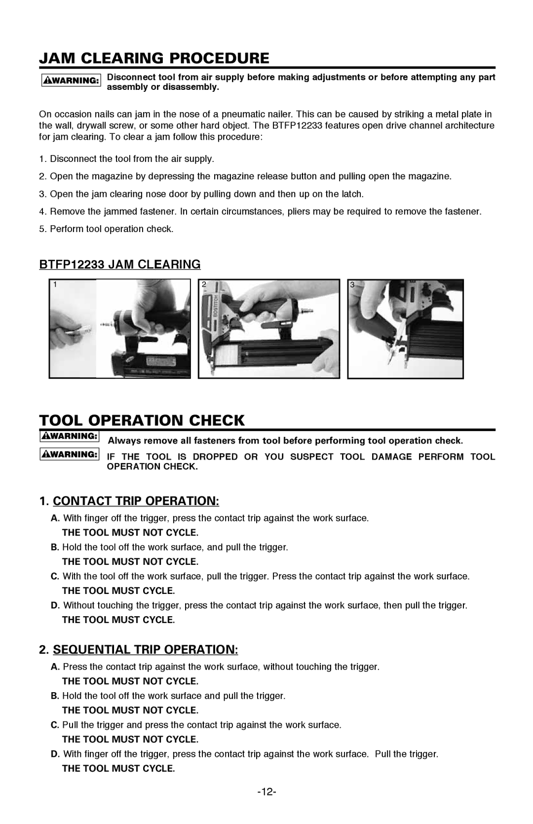 Bostitch manual Jam Clearing Procedure, Tool Operation Check, BTFP12233 Jam Clearing 