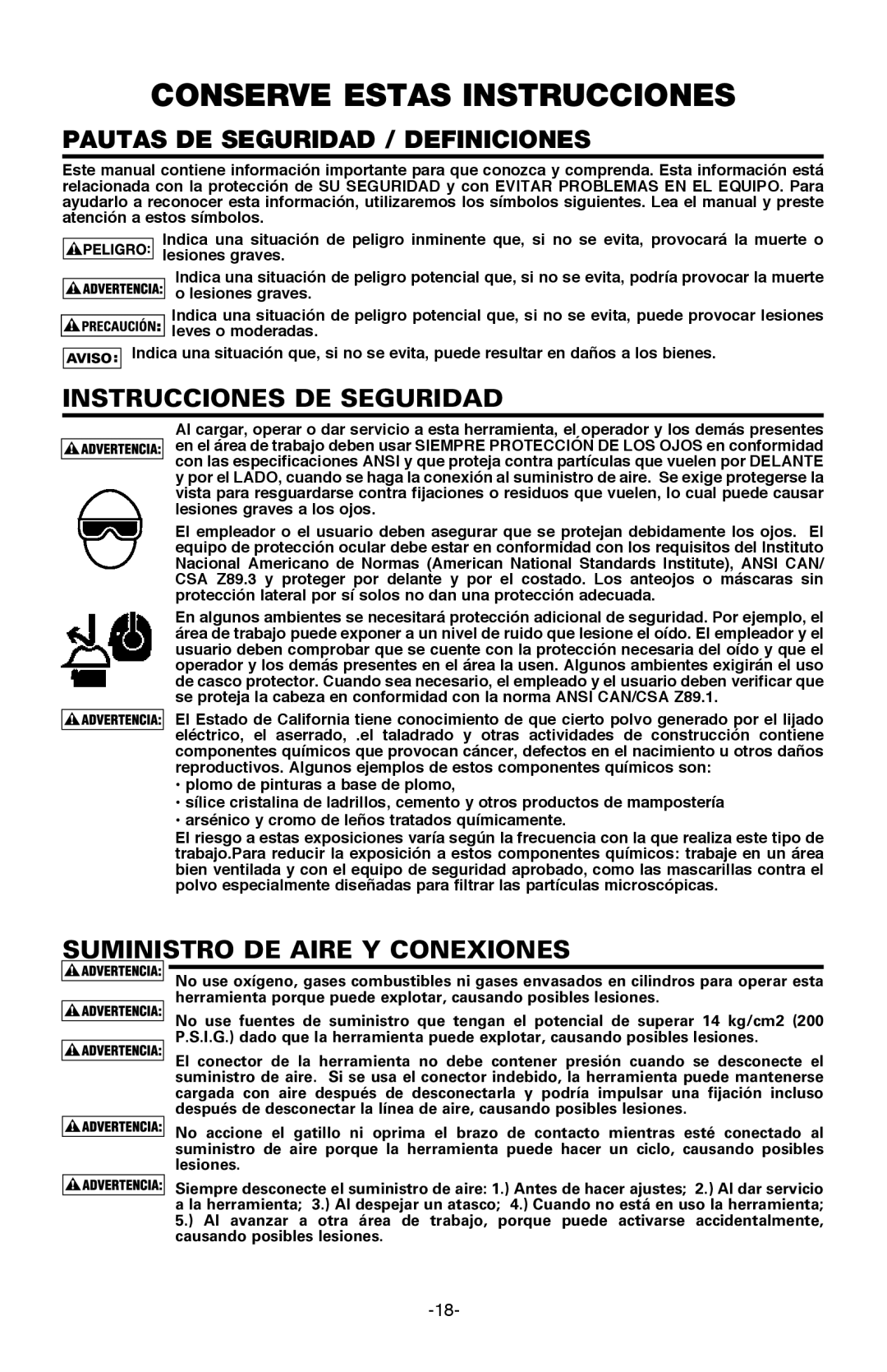 Bostitch BTFP12233 manual Pautas DE Seguridad / Definiciones, Instrucciones DE Seguridad, Suministro DE Aire Y Conexiones 