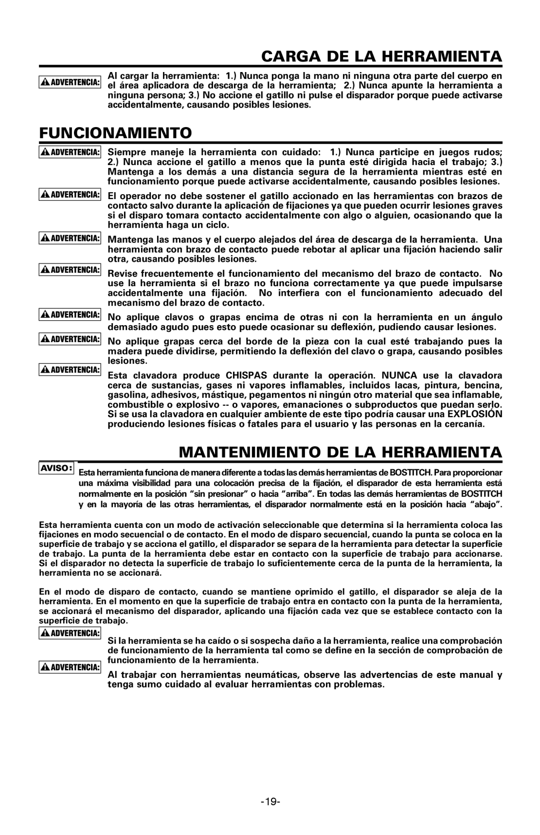 Bostitch BTFP12233 manual Carga DE LA Herramienta, Funcionamiento, Mantenimiento DE LA Herramienta 