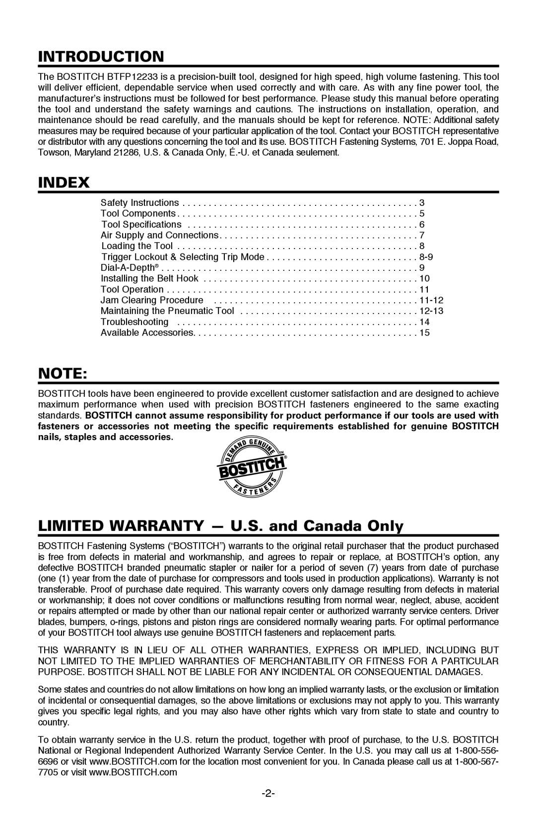 Bostitch BTFP12233 manual Introduction, Index, Limited Warranty U.S. and Canada Only 