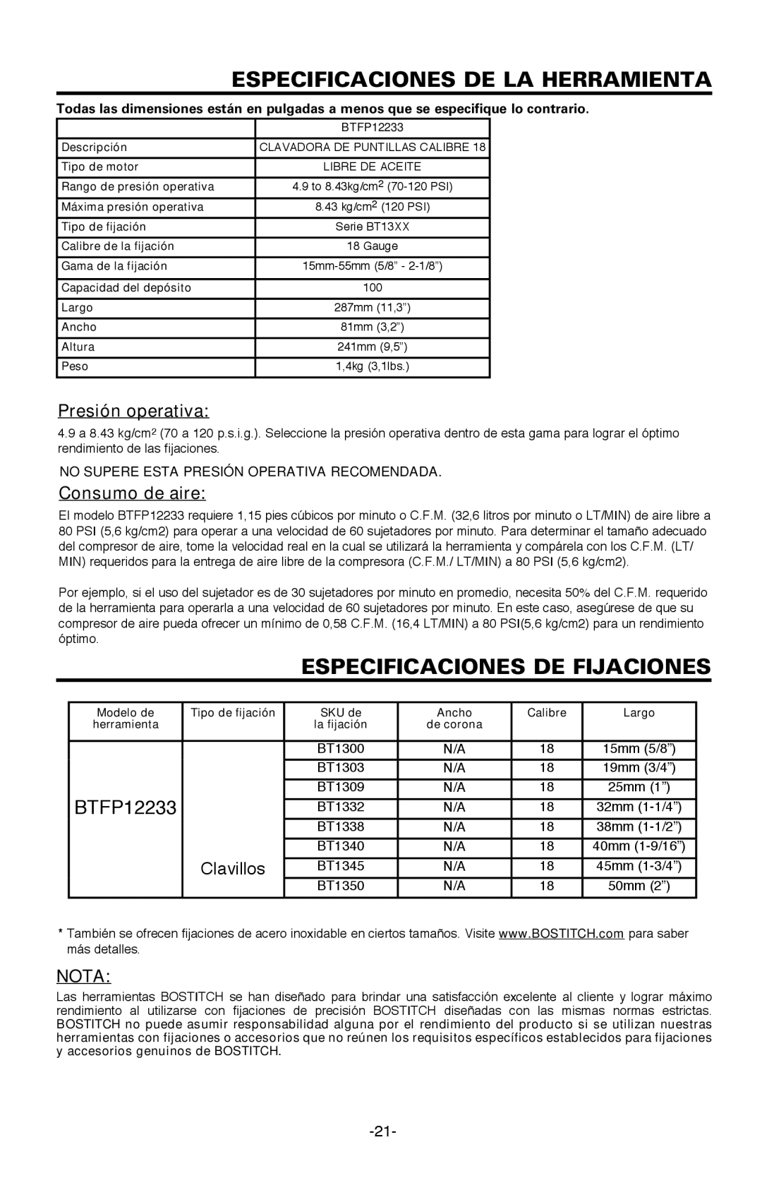 Bostitch BTFP12233 Especificaciones DE LA Herramienta, Especificaciones DE Fijaciones, Presión operativa, Consumo de aire 