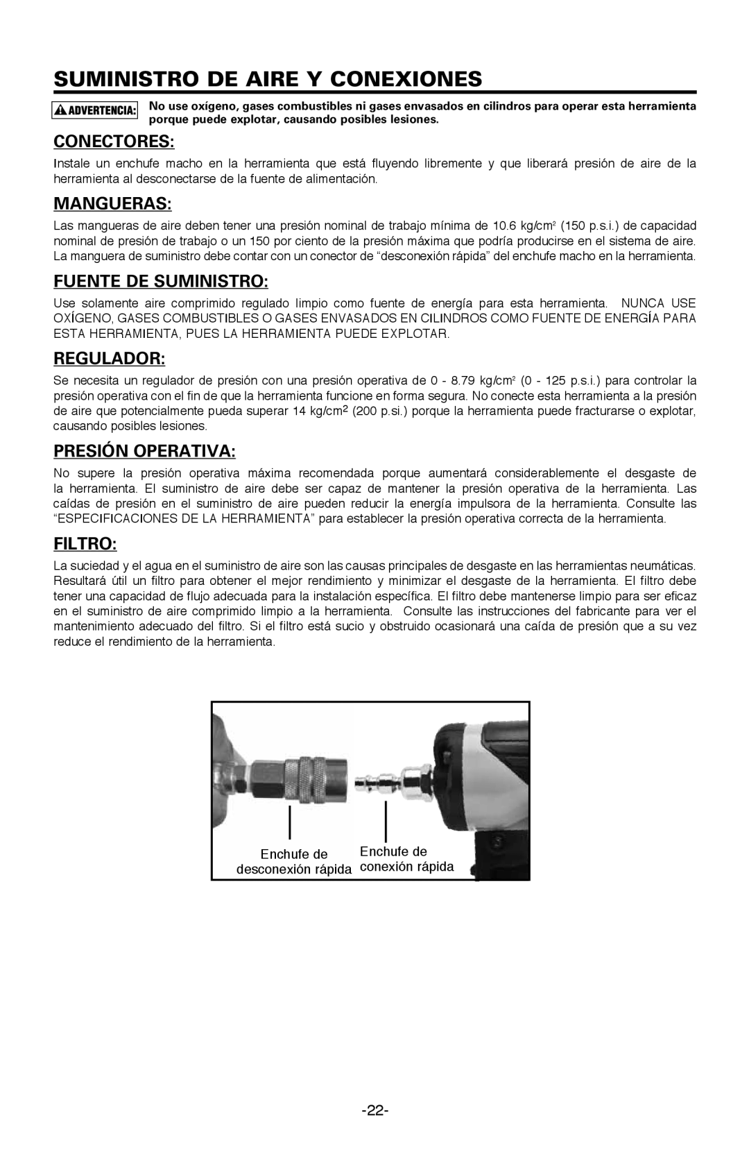 Bostitch BTFP12233 manual Conectores, Mangueras, Fuente DE Suministro, Regulador, Presión Operativa, Filtro 