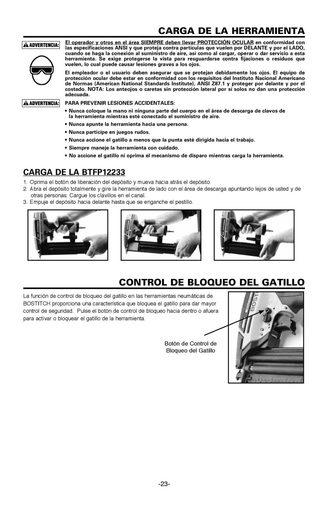 Bostitch BTFP12233 manual Carga de la herramienta, Control DE Bloqueo DEL Gatillo 