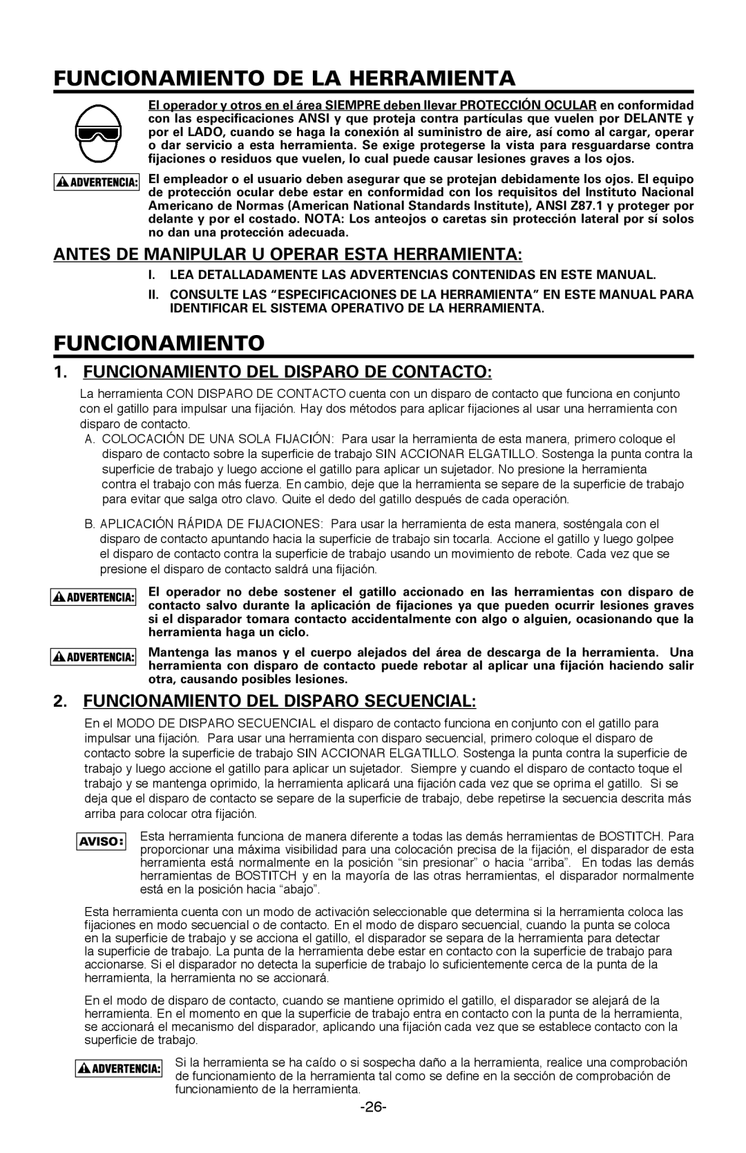 Bostitch BTFP12233 manual Funcionamiento DE LA Herramienta, Antes DE Manipular U Operar Esta Herramienta 