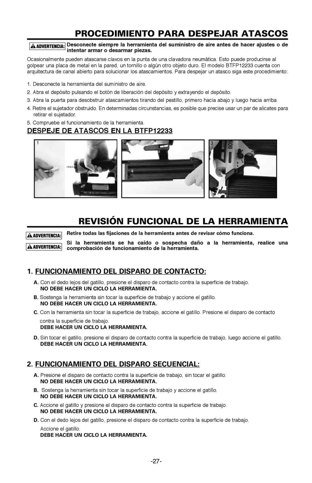 Bostitch BTFP12233 manual Procedimiento para despejar atascos, Revisión Funcional DE LA Herramienta 