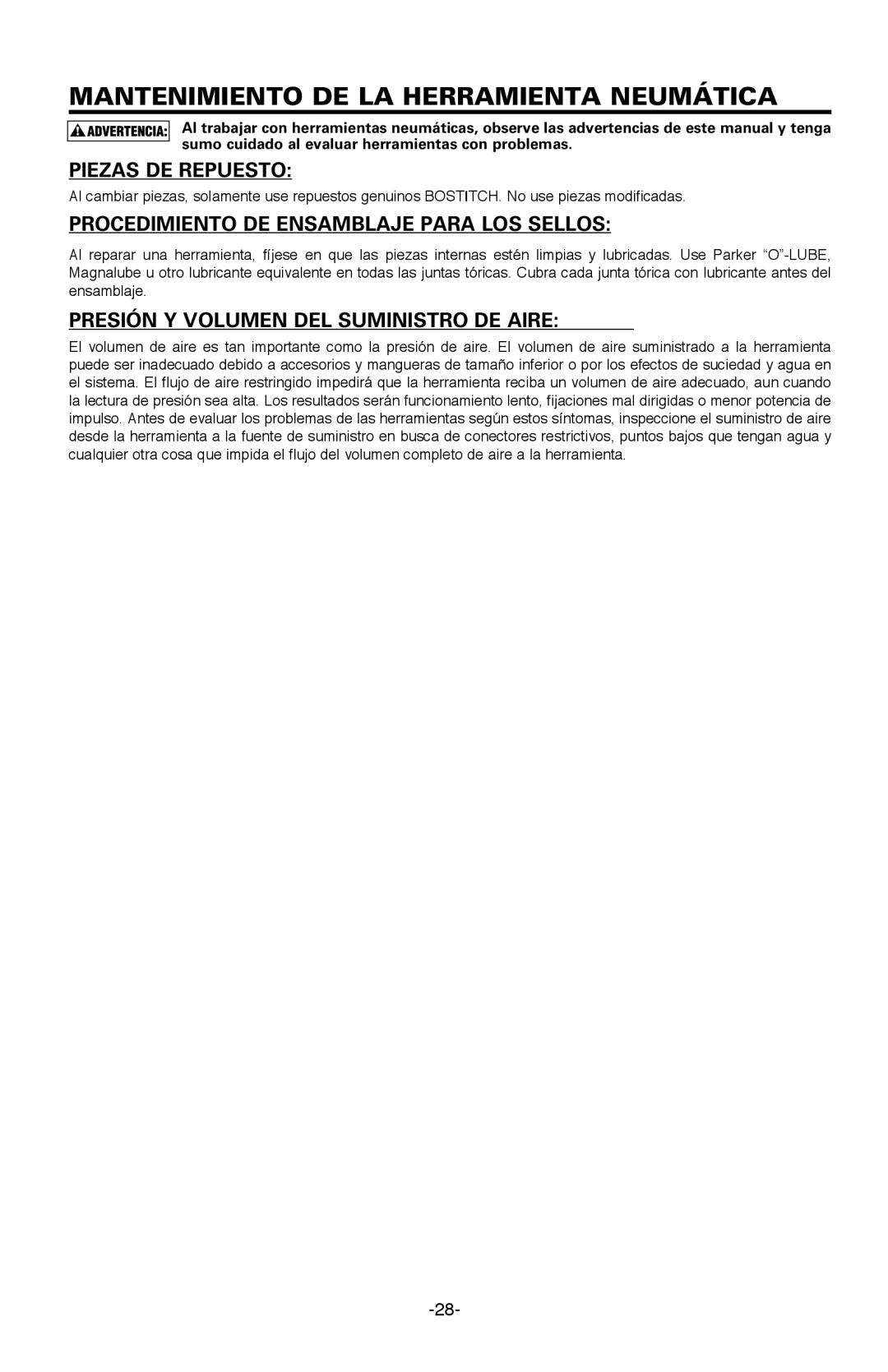 Bostitch BTFP12233 Mantenimiento DE LA Herramienta Neumática, Piezas DE Repuesto, Presión Y Volumen DEL Suministro DE Aire 