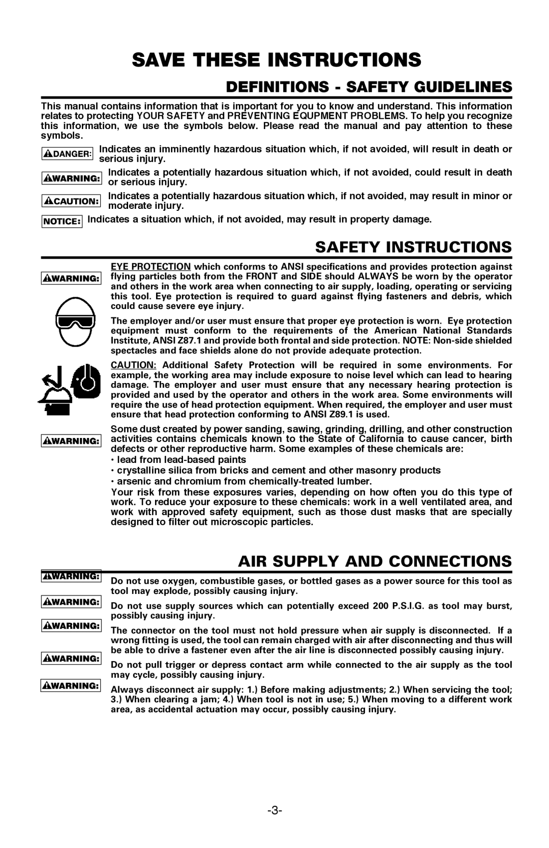 Bostitch BTFP12233 manual Definitions Safety Guidelines, Safety Instructions, AIR Supply and Connections 