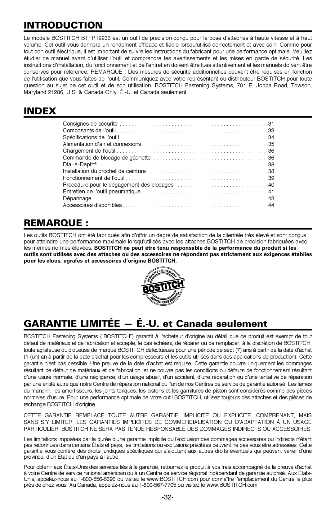 Bostitch BTFP12233 manual Remarque, Garantie Limitée É.-U. et Canada seulement 