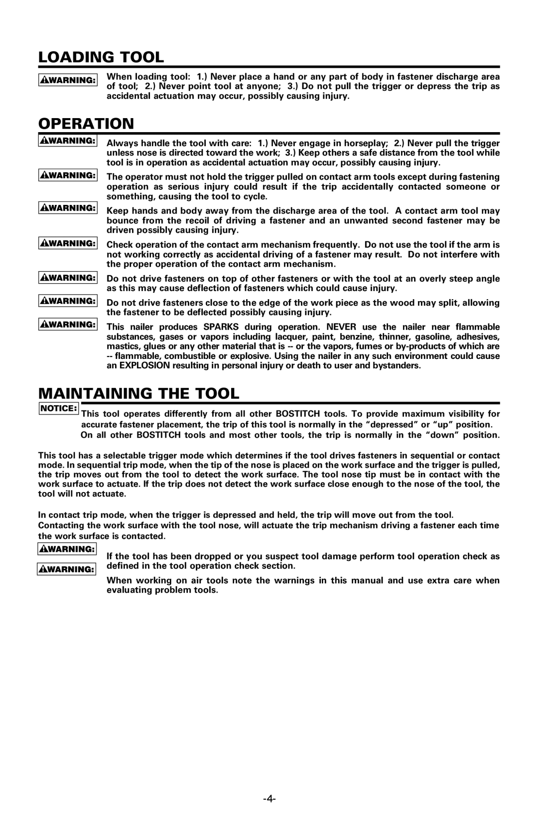 Bostitch BTFP12233 manual Loading Tool, Operation, Maintaining the Tool 