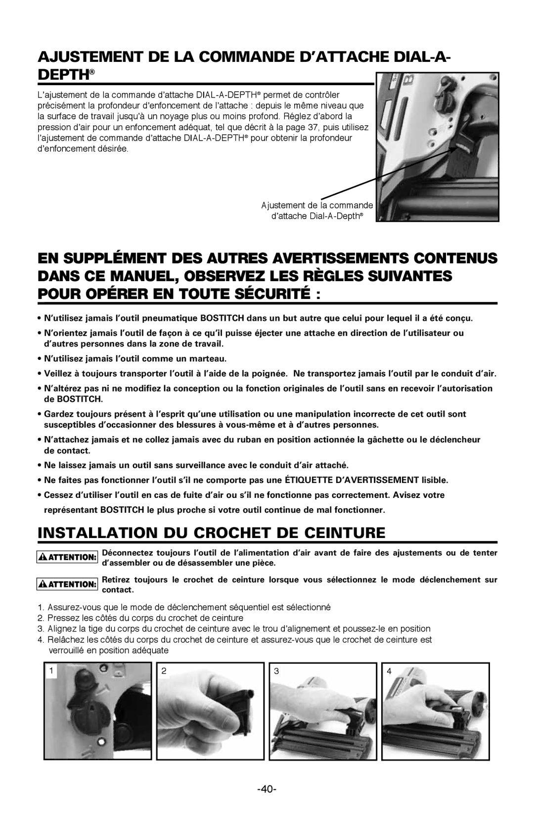 Bostitch BTFP12233 manual Ajustement DE LA Commande D’ATTACHE DIAL-A- Depth, Installation DU Crochet DE Ceinture 