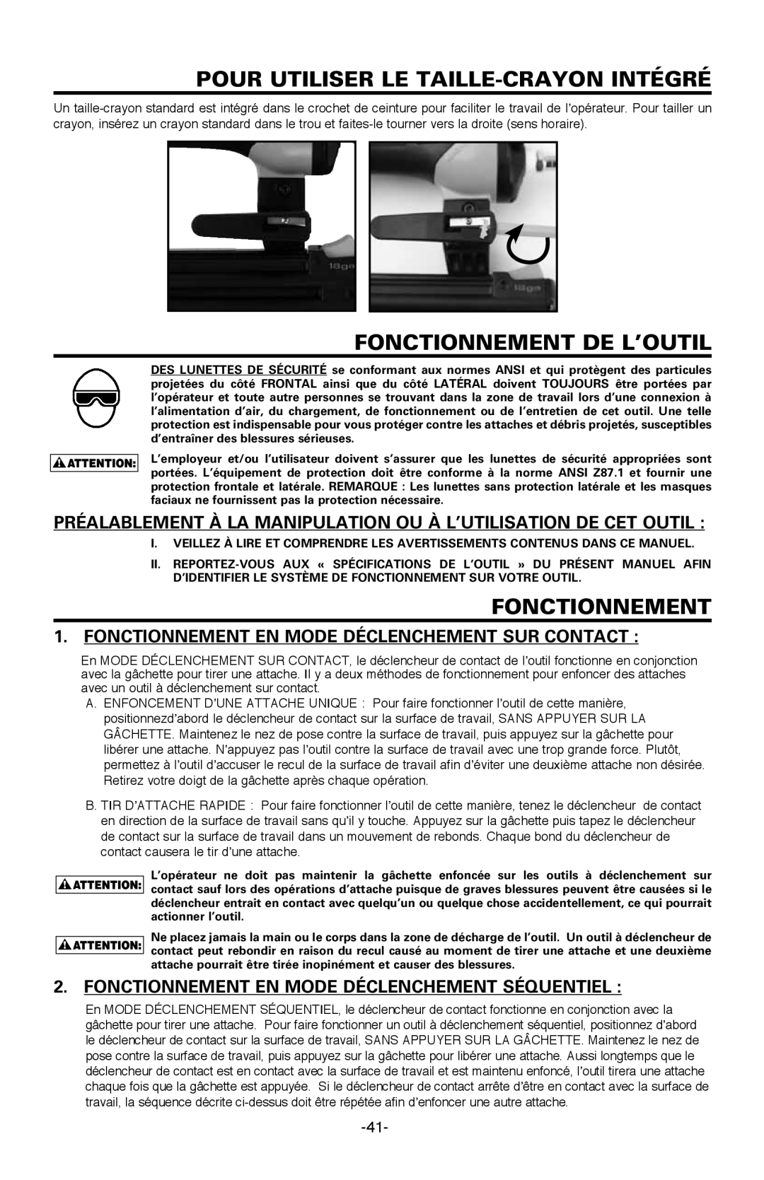 Bostitch BTFP12233 manual Pour Utiliser LE TAILLE-CRAYON Intégré, Fonctionnement de l’outil 