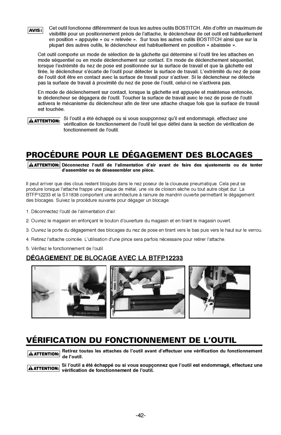 Bostitch BTFP12233 manual Procédure pour le dégagement des blocages, Vérification DU Fonctionnement DE L’OUTIL 