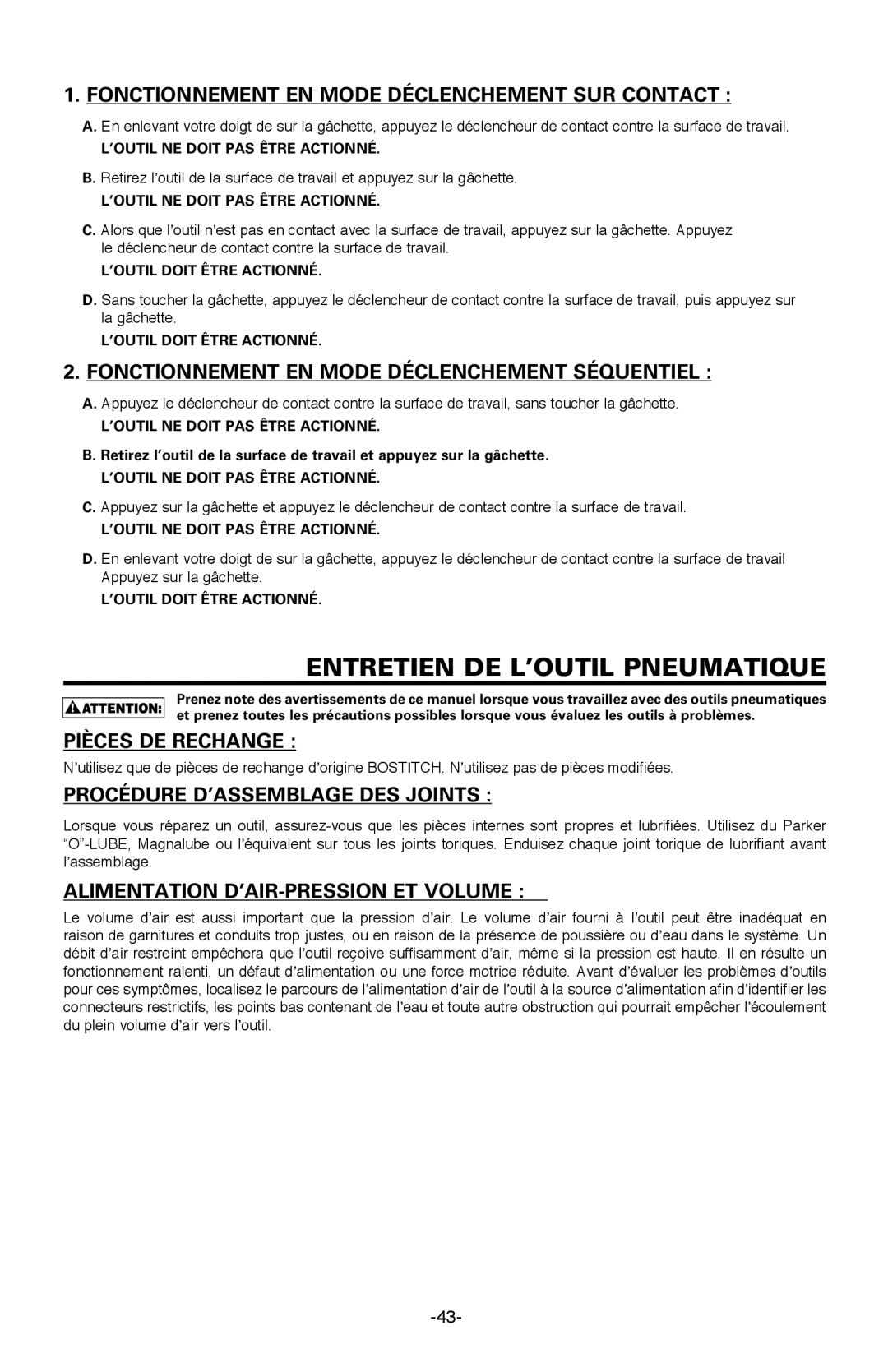 Bostitch BTFP12233 manual Entretien de l’outil pneumatique, Pièces DE Rechange, Procédure D’ASSEMBLAGE DES Joints 