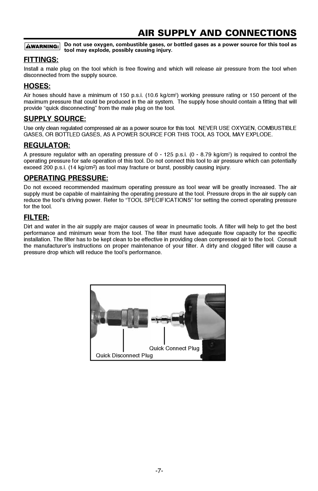 Bostitch BTFP12233 manual Fittings, Hoses, Supply Source, Regulator, Operating Pressure, Filter 