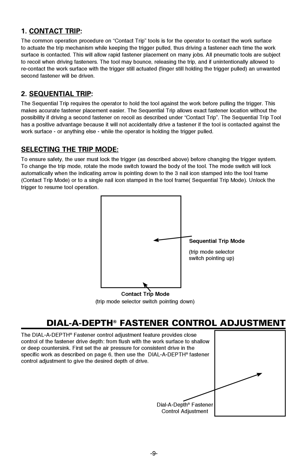 Bostitch BTFP12233 manual DIAL-A-DEPTHFASTENER Control Adjustment, Contact Trip, Sequential Trip, Selecting the Trip Mode 