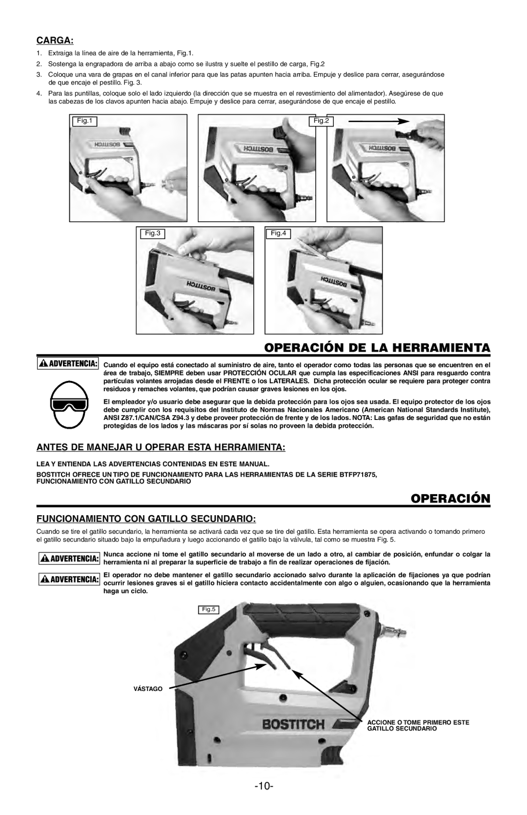 Bostitch BTFP71875 manual Operación DE LA Herramienta, Carga, Antes DE Manejar U Operar Esta Herramienta 