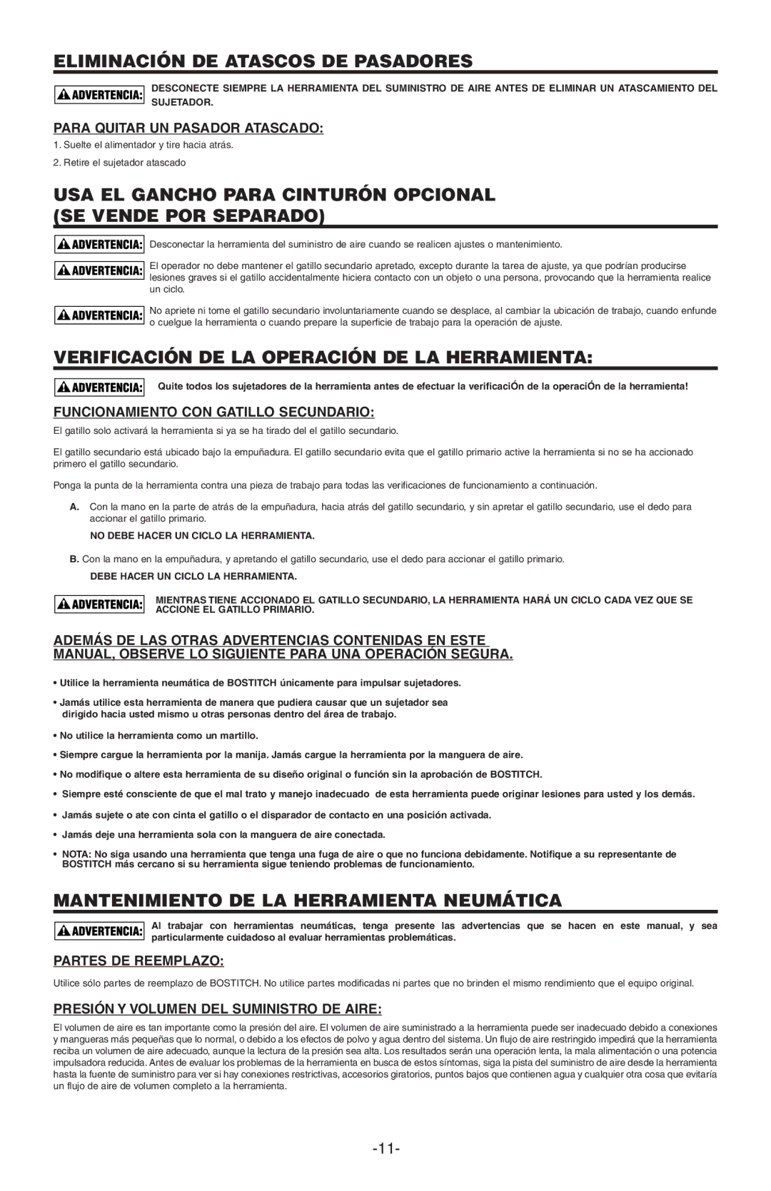 Bostitch BTFP71875 manual Eliminación DE Atascos DE Pasadores, USA EL Gancho Para Cinturón Opcional SE Vende POR Separado 