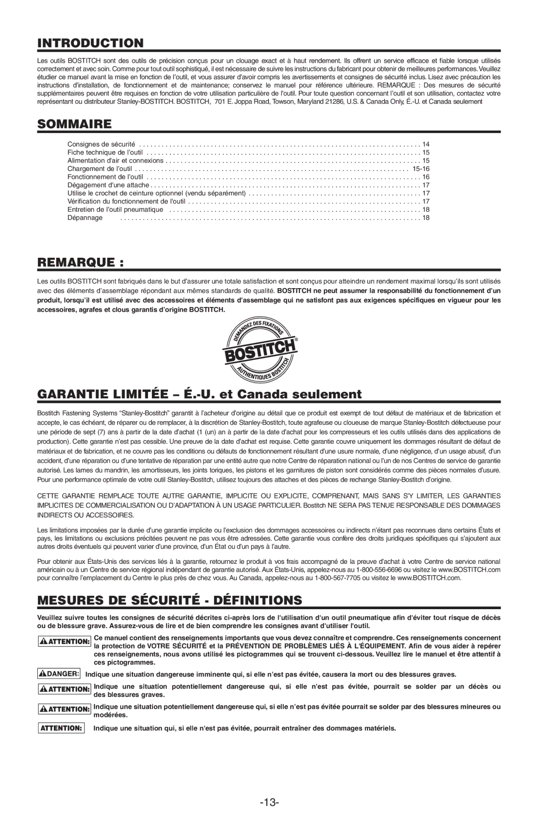 Bostitch BTFP71875 manual Sommaire, Remarque, Mesures DE Sécurité Définitions 