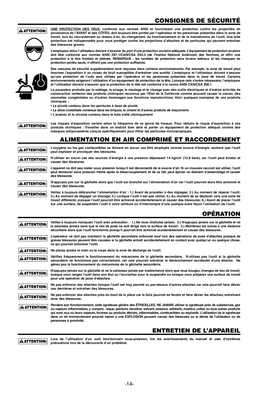 Bostitch BTFP71875 Consignes DE Sécurité, Alimentation EN AIR Comprimé ET Raccordement, Opération, Entretien DE L’APPAREIL 