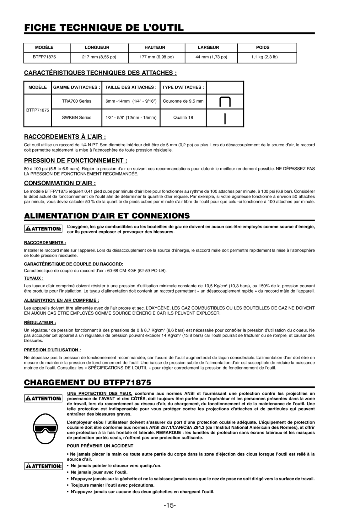 Bostitch manual Alimentation Dair ET Connexions, Chargement DU BTFP71875 