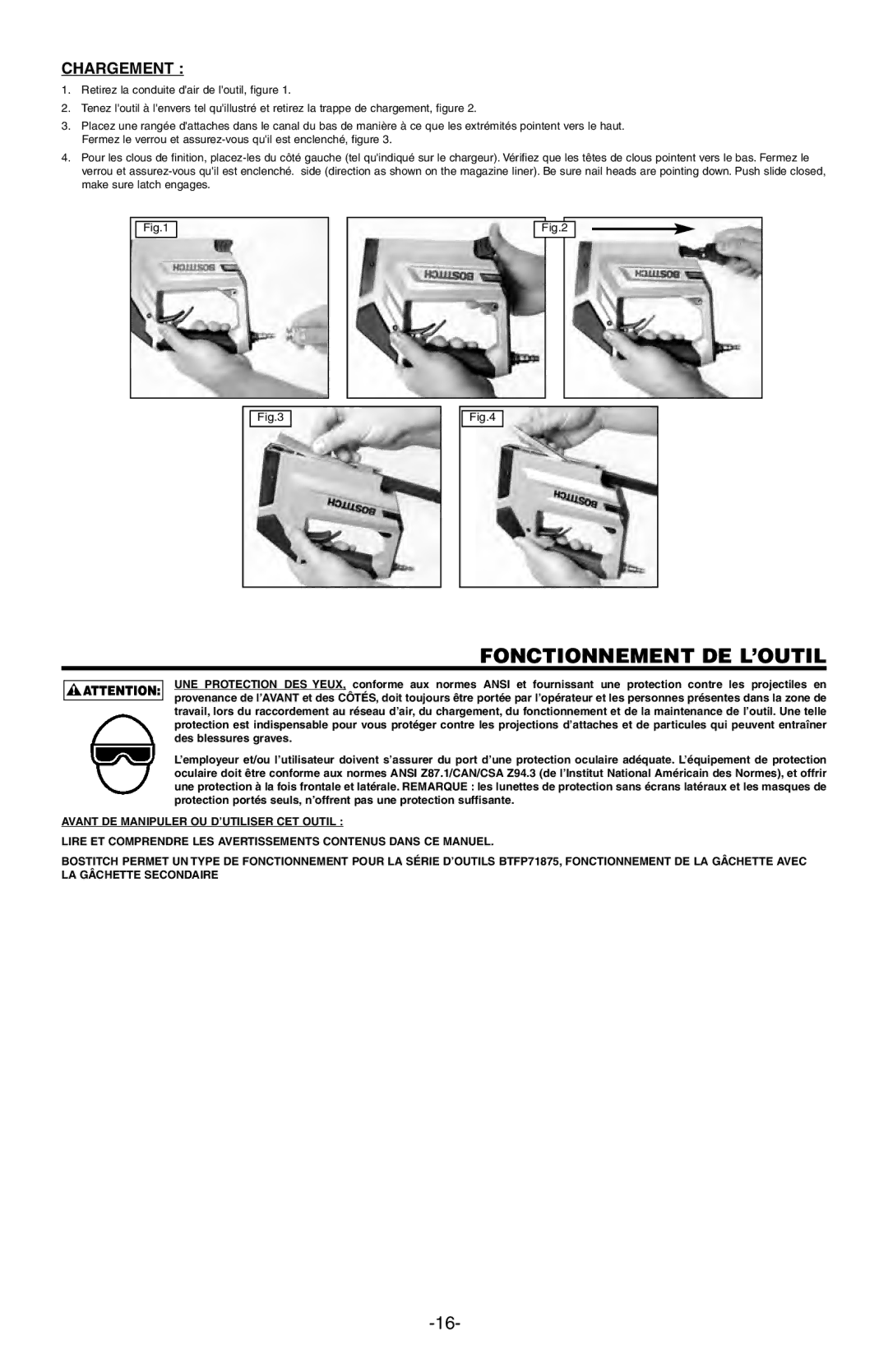 Bostitch BTFP71875 manual Fonctionnement DE L’OUTIL, Chargement 