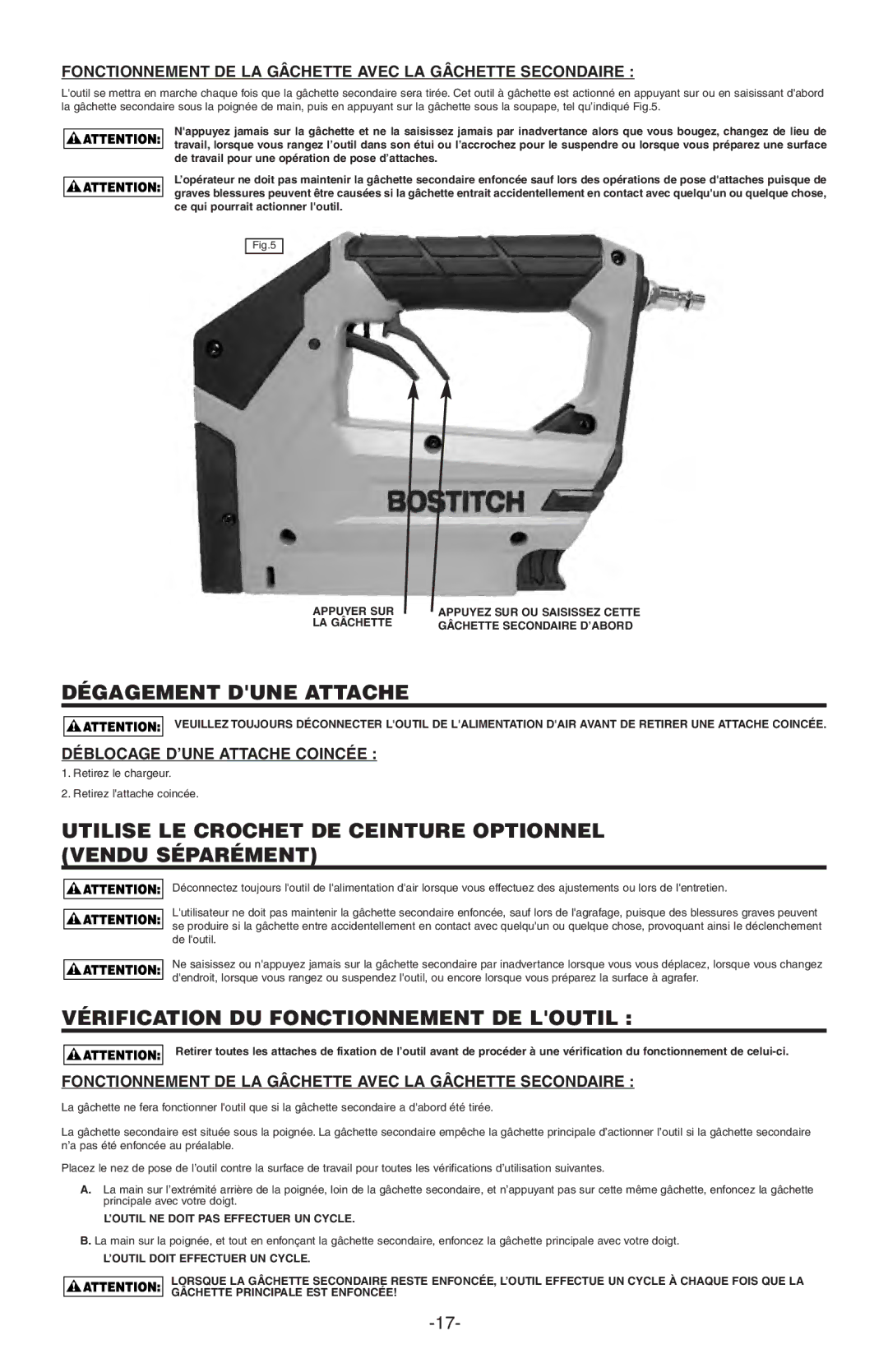 Bostitch BTFP71875 manual Dégagement Dune Attache, Utilise LE Crochet DE Ceinture Optionnel Vendu Séparément 