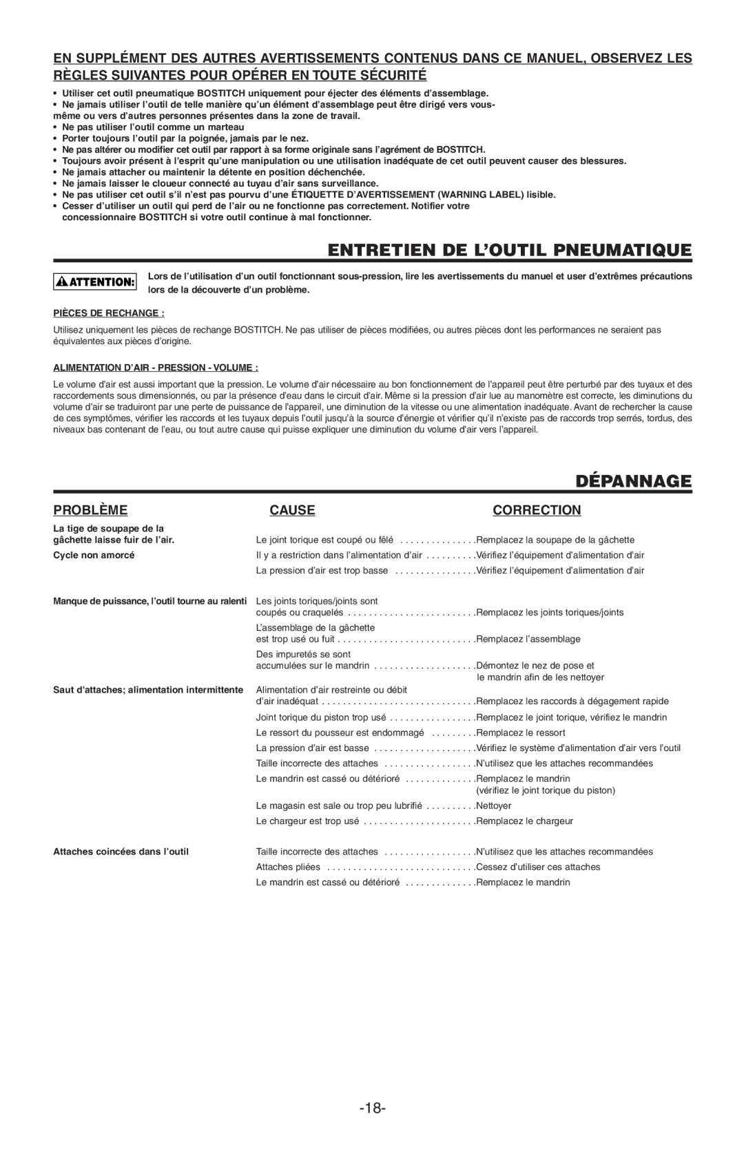 Bostitch BTFP71875 manual Entretien DE L’OUTIL Pneumatique, Dépannage, Problème Cause Correction, Pièces DE Rechange 