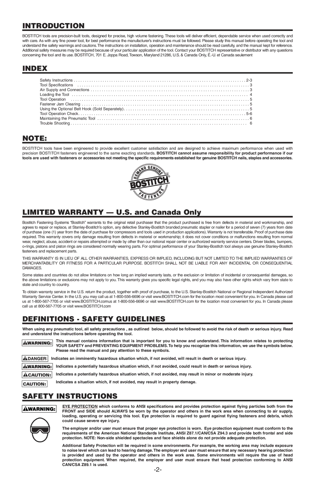 Bostitch BTFP71875 manual Introduction, Index, Definitions Safety Guidelines, Safety Instructions 