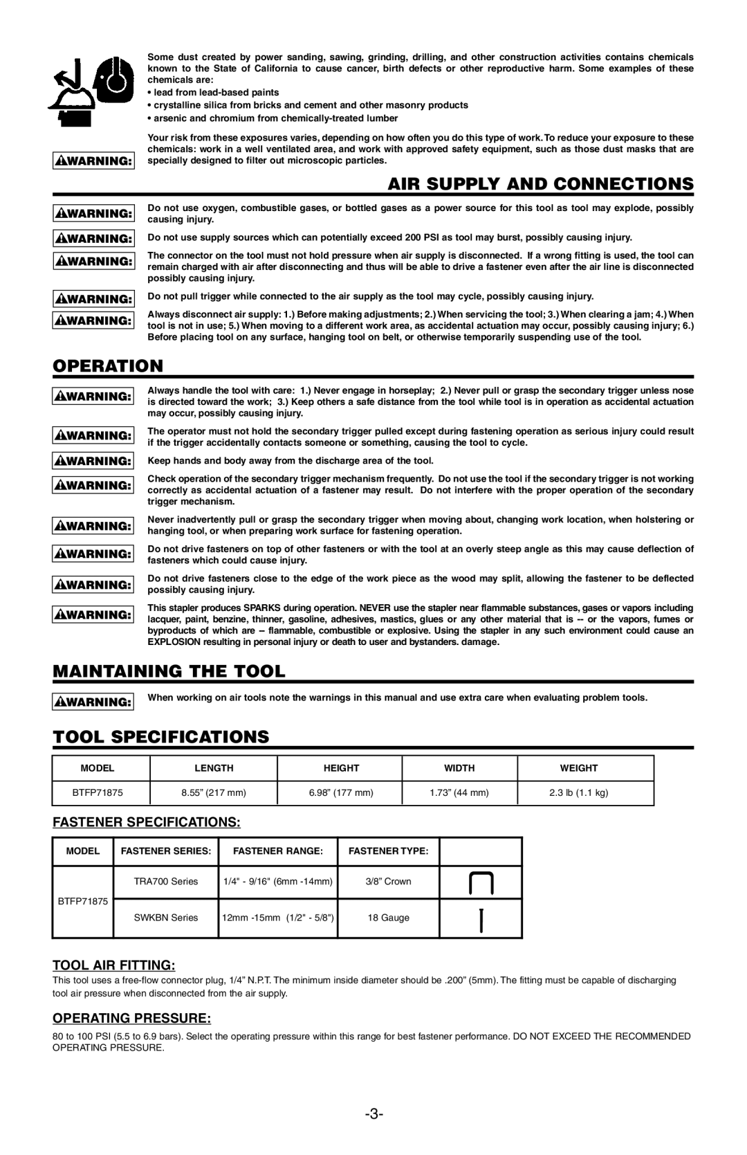 Bostitch BTFP71875 manual AIR Supply and Connections, Operation, Maintaining the Tool, Tool Specifications 