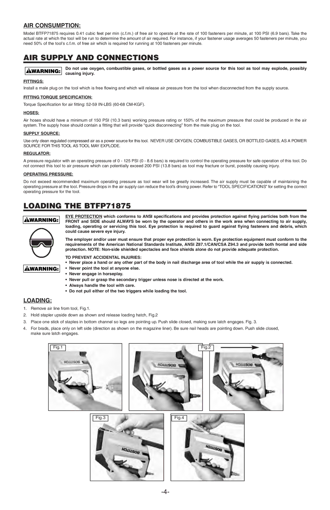 Bostitch manual Loading the BTFP71875, AIR Consumption 